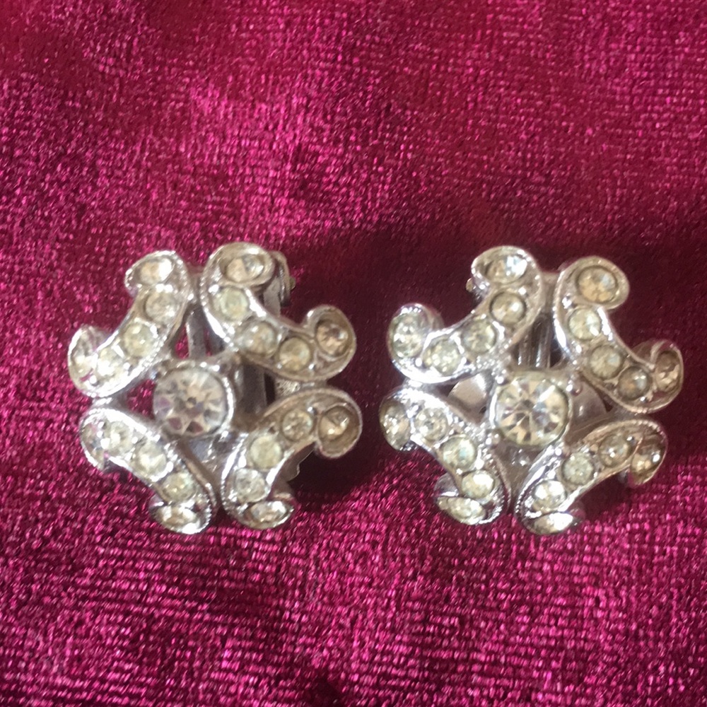 Vintage BOGOFF White Rhinestones Silver Tone Clip On Earrings Signed